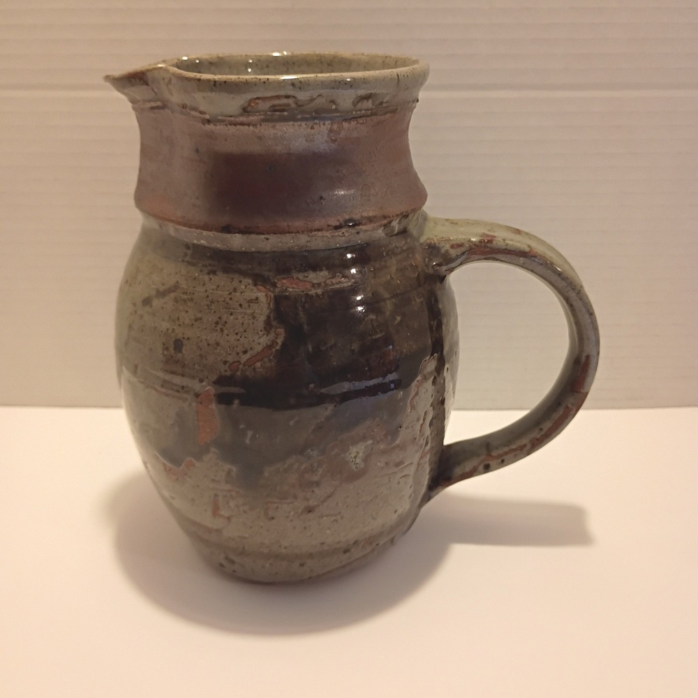 Studio Pottery Hand Thrown Stoneware Pitcher Green Brown Glazed Signed 8in